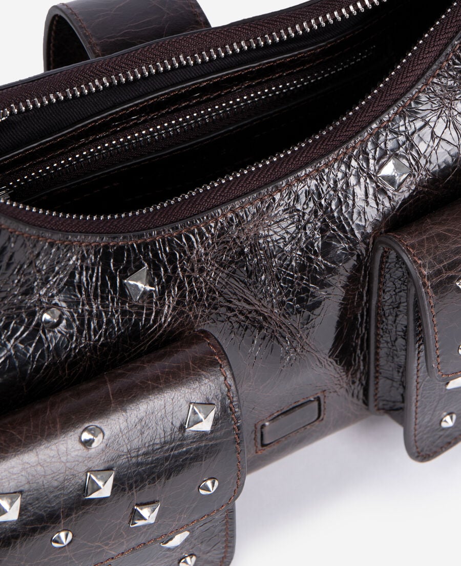 The Kooples DAMEN BROWN amelia tasche mit nieten aus braunem crackleder