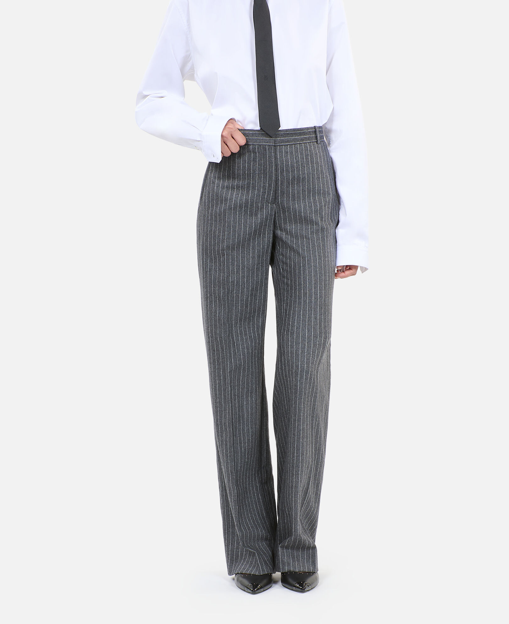 The Kooples WOMEN LIGHT GREY straight striped tailored pants