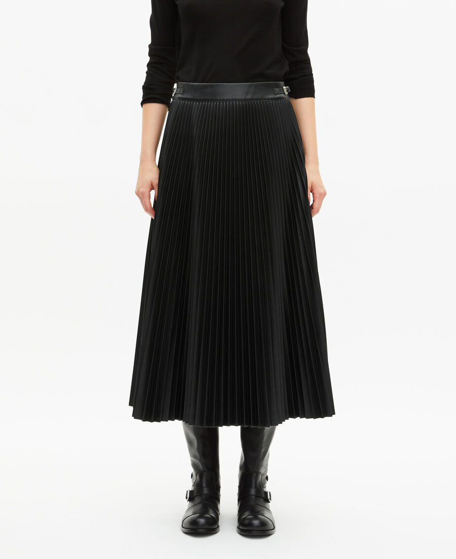 The Kooples F BLACK black leather-effect pleated long skirt
