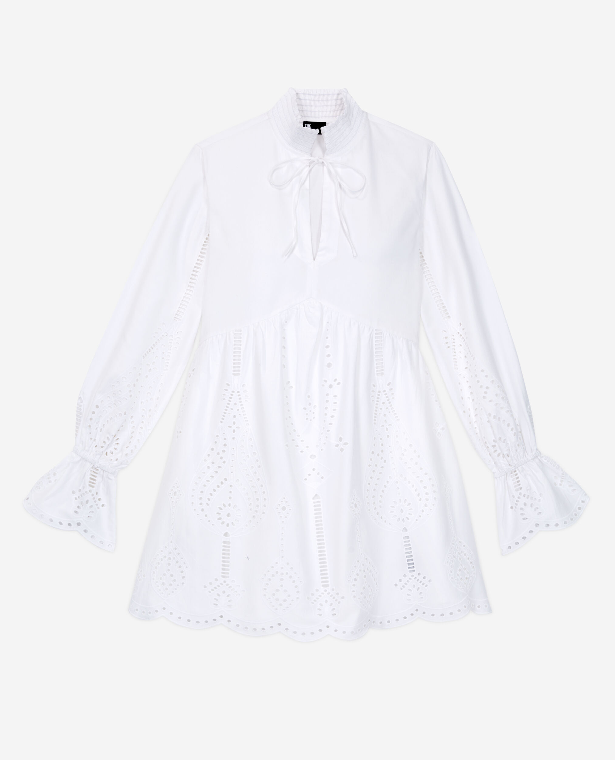 Short white dress with broderie anglaise, WHITE, hi-res image number null