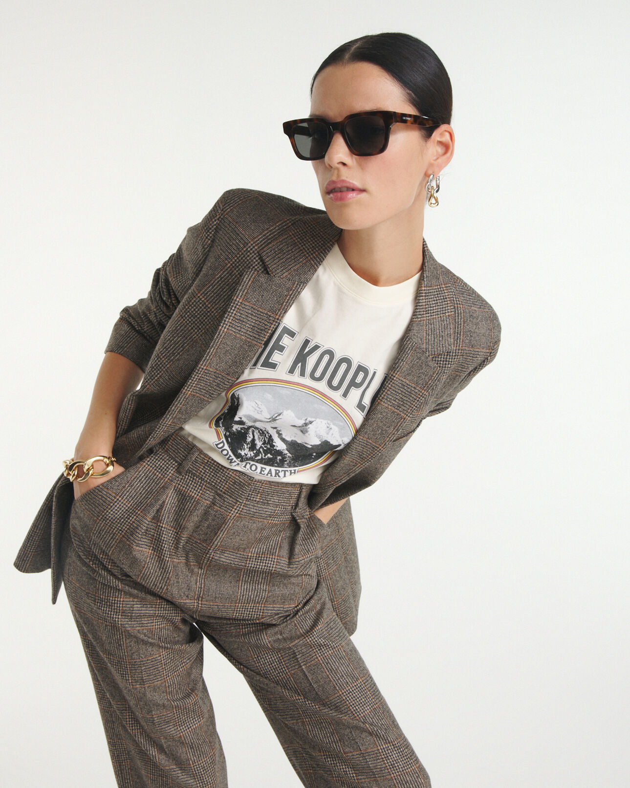 The Kooples WOMEN BLACK BROWN buttoned brown check wool jacket