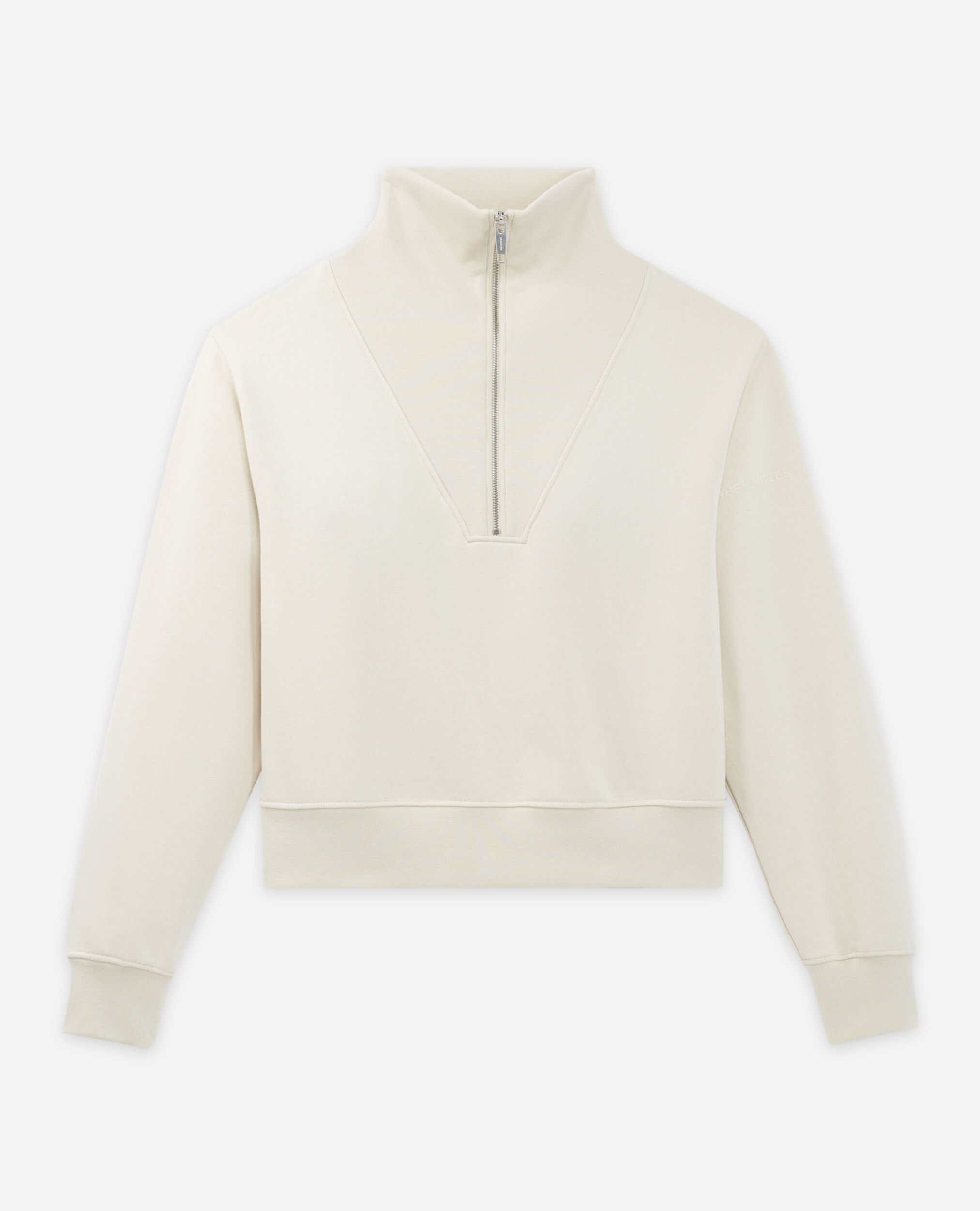 Ecru cotton sweatshirt with zipped roll neck, ECRU, hi-res image number null
