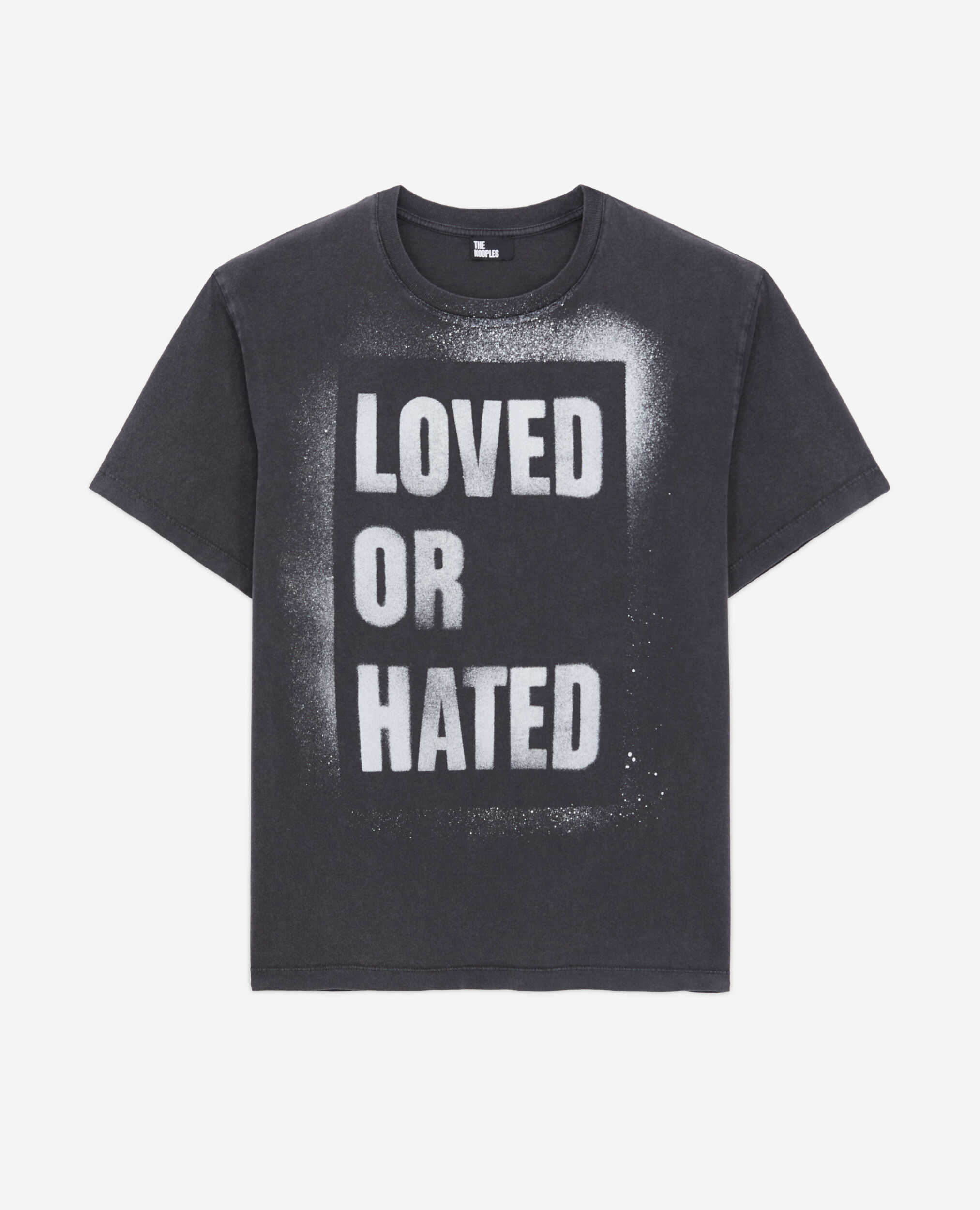 Schwarzes T-Shirt Damen mit „Loved or hated“-Siebdruck, BLACK WASHED, hi-res image number null
