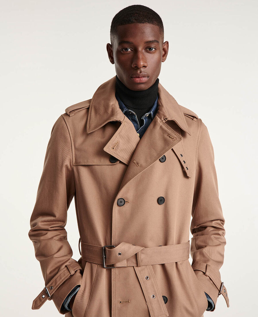 beige belted double-breasted trench coat