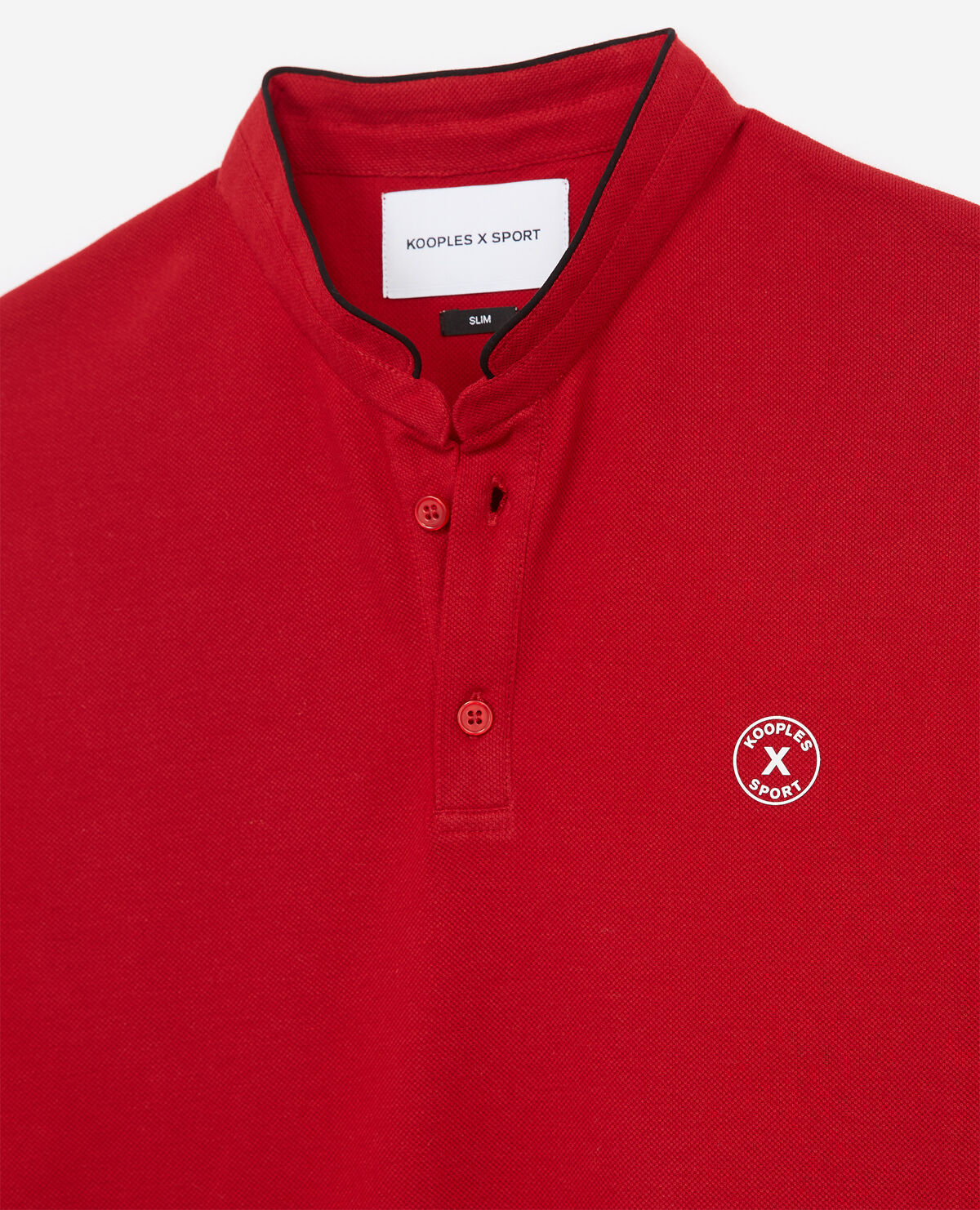 Printed red polo shirt stand up collar shoulder band