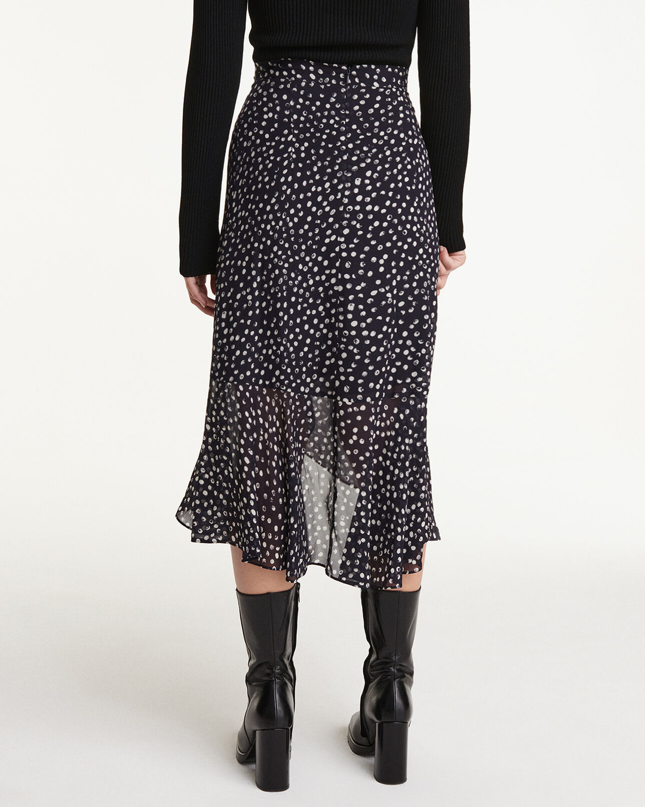 The Kooples FEMME NAVY / WHITE jupe longue fluide bleu marine à pois