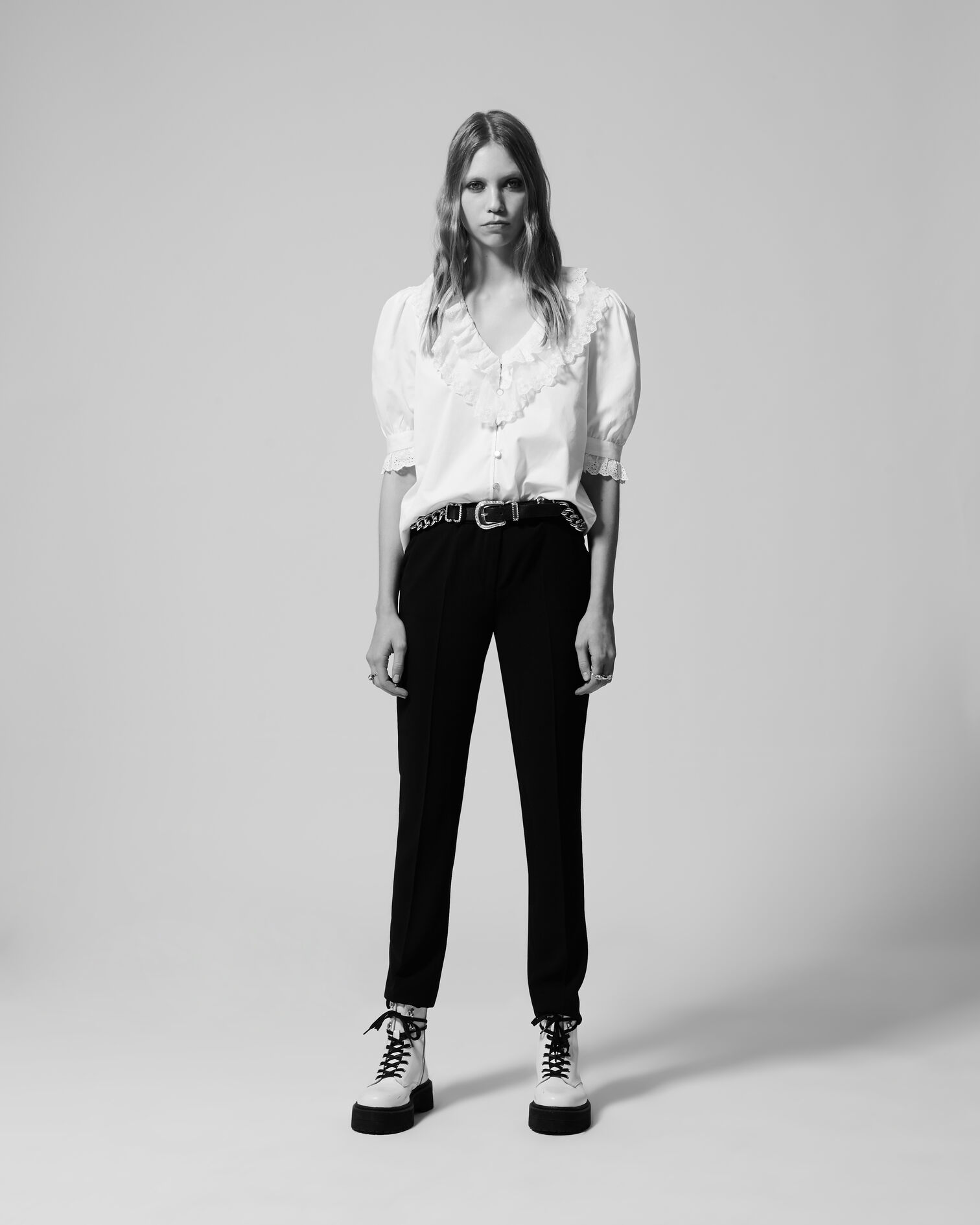 Buttoned ecru cotton shirt with frills, ECRU, hi-res image number null