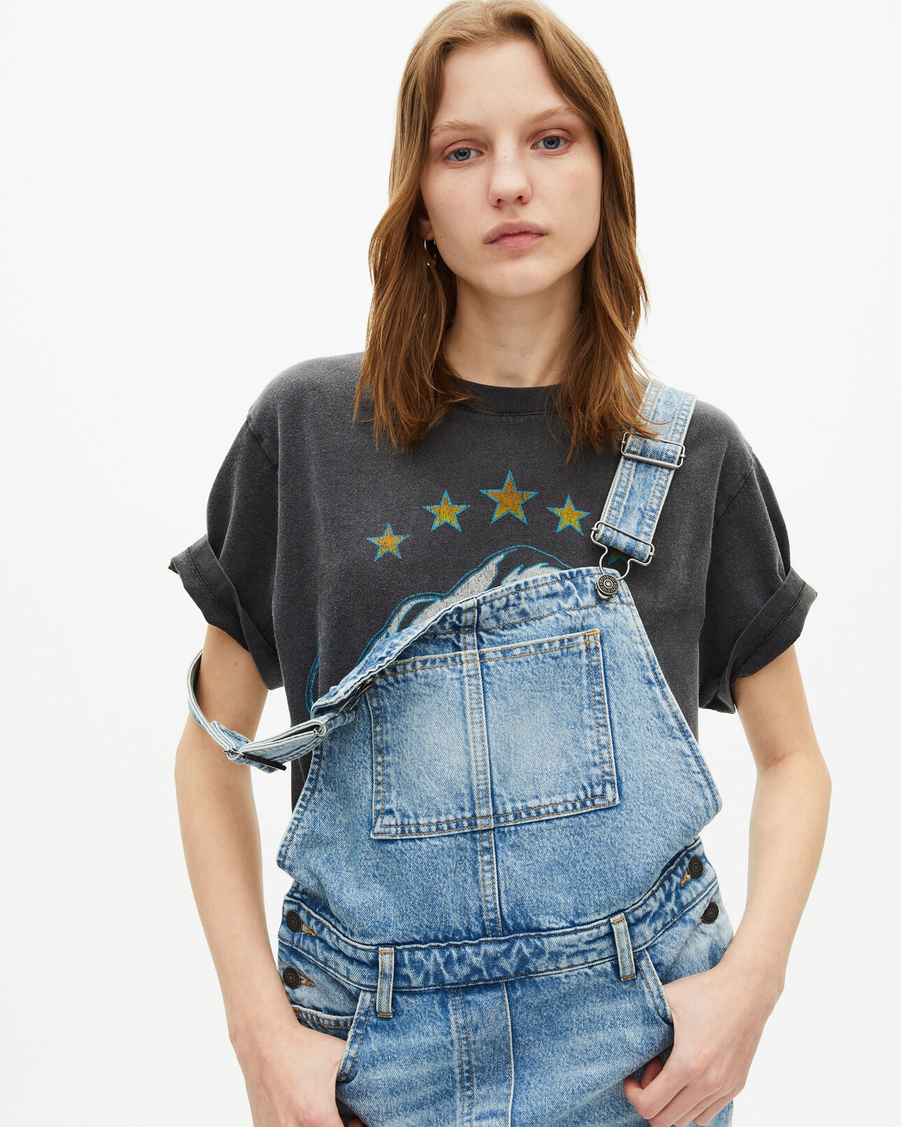 The Kooples WOMEN BLUE BLEACHED / NAVY short denim dungaree dress