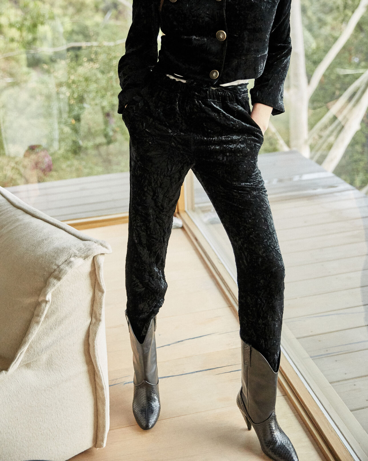 The Kooples WOMEN BLACK floaty crushed velvet trousers