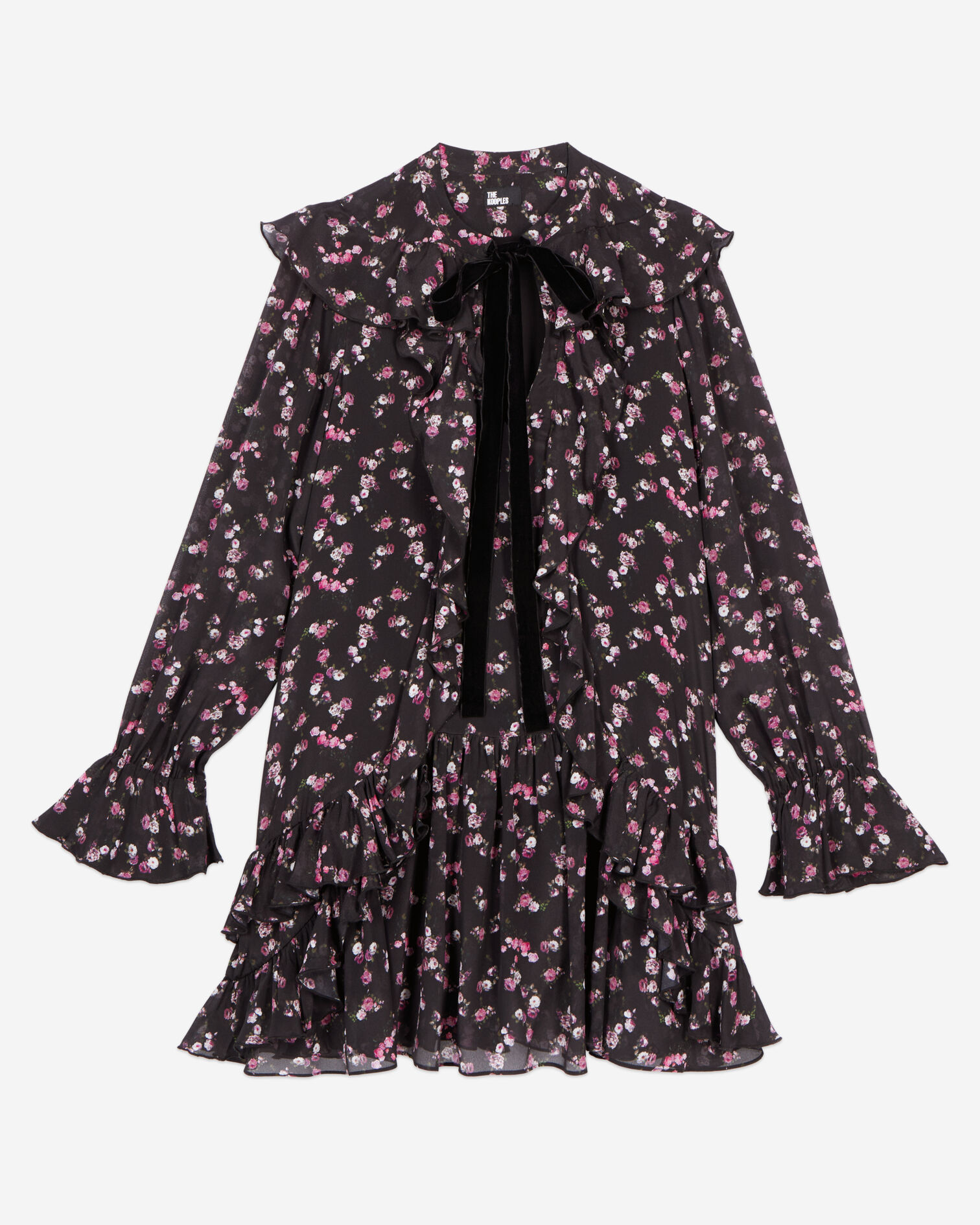 Robe courte à volants imprimé fleuri, BLACK, hi-res image number null