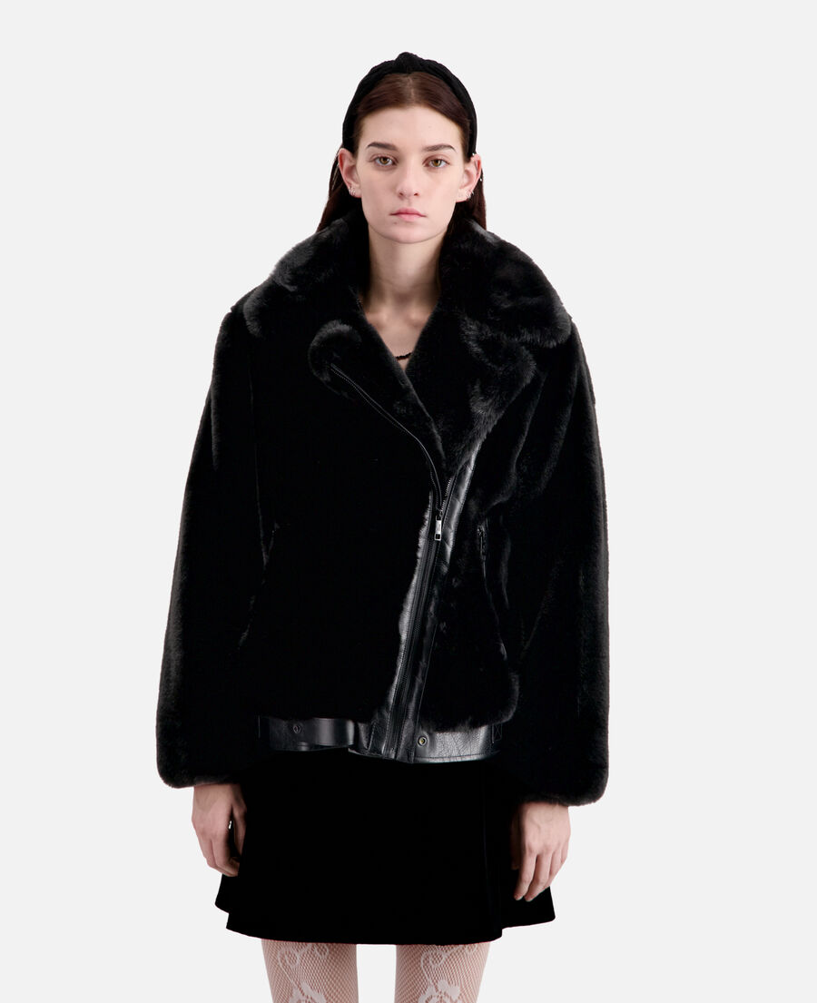 black faux fur bomber jacket