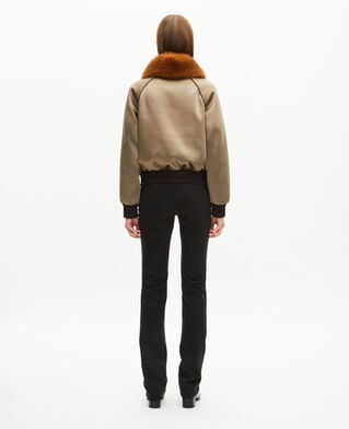 The Kooples FEMME KAKI blouson col fourrure satin&eacute; kaki