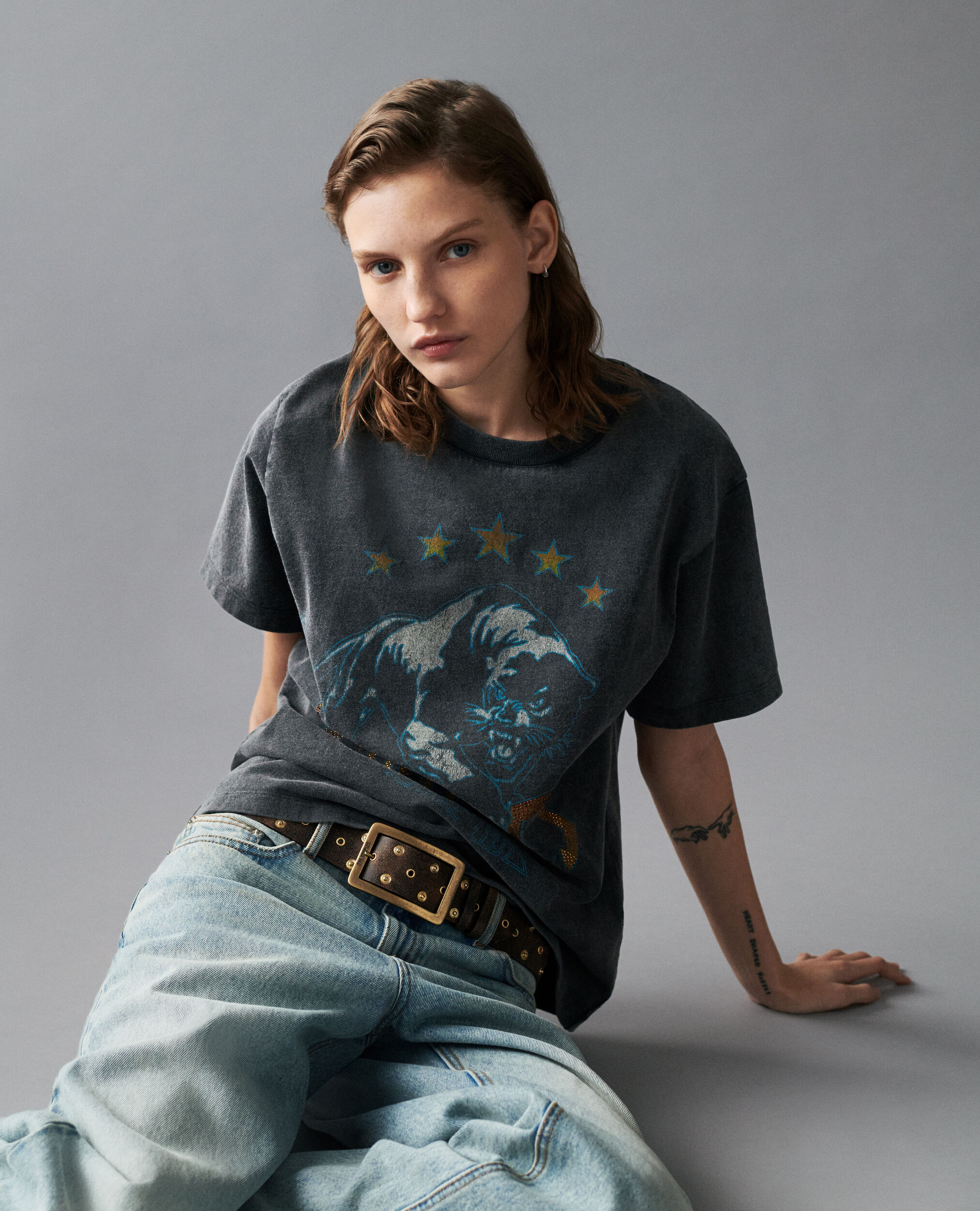 Faded black screen print T-shirt, BLACK WASHED, hi-res image number null