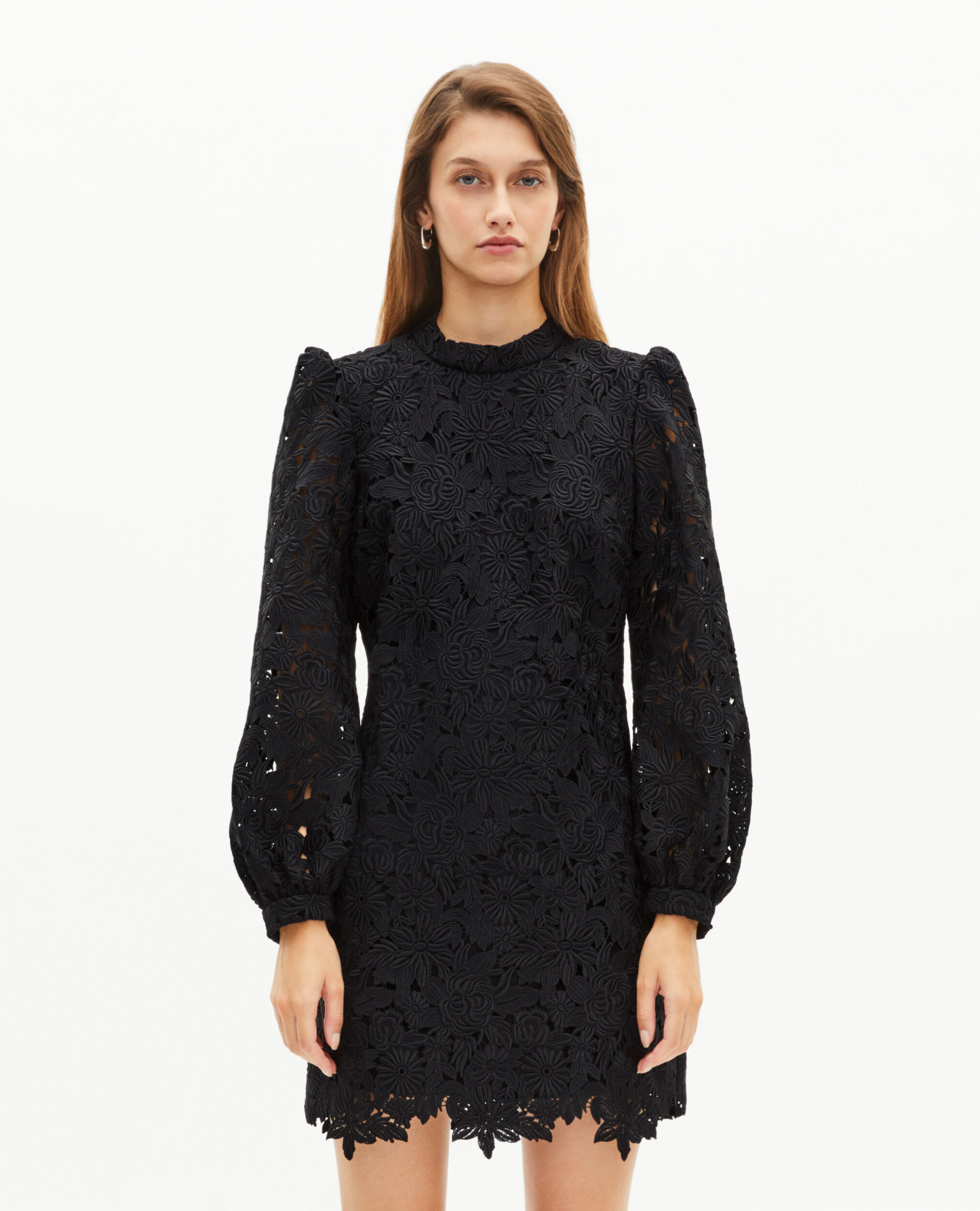 Robe courte en dentelle fleurie noire, BLACK, hi-res image number null