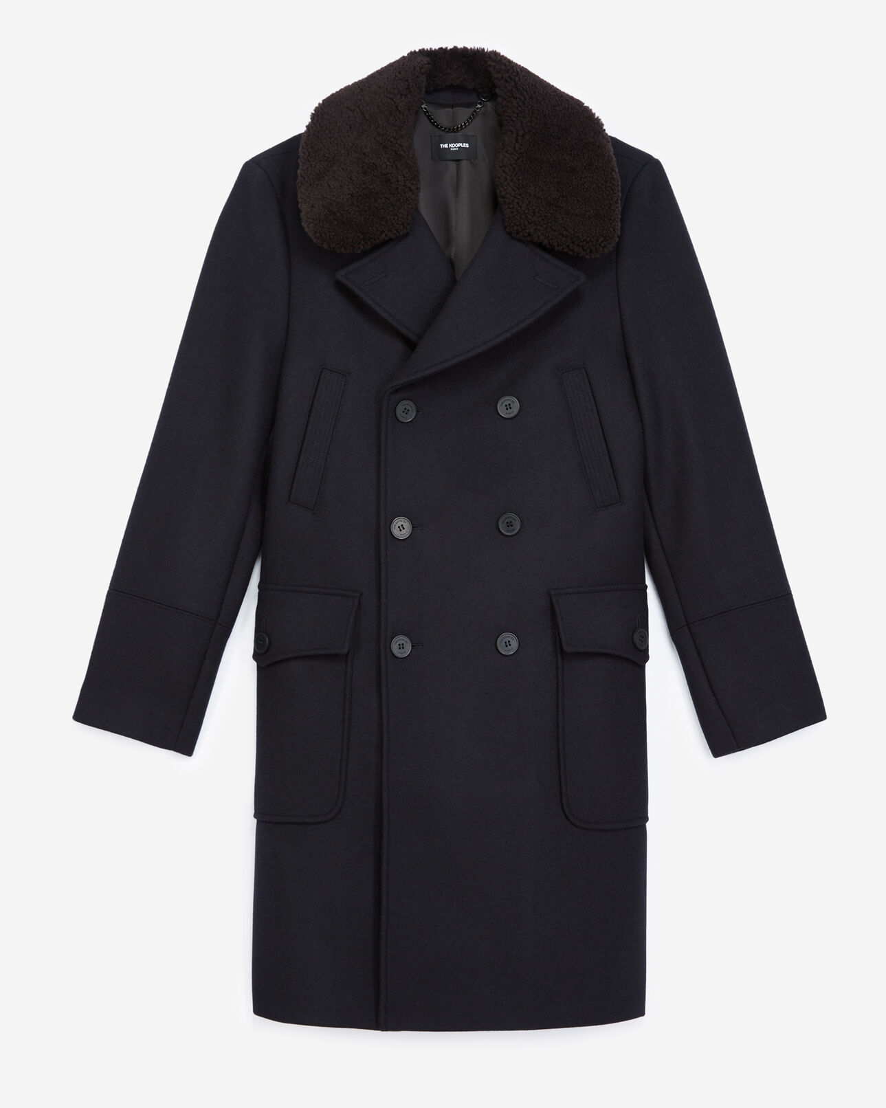 The Kooples MEN DARK NAVY navy blue coat in wool w/sheepskin collar