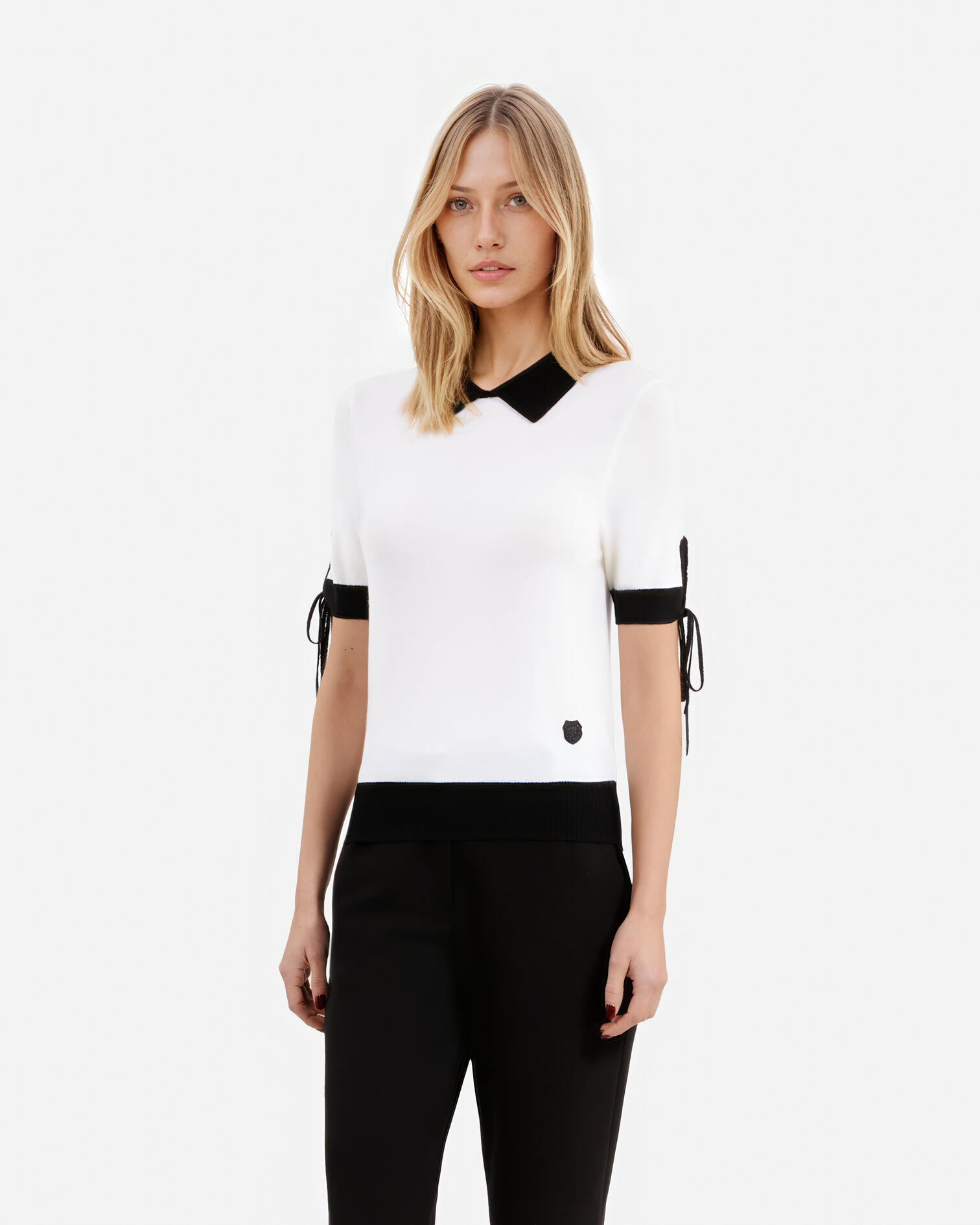 Short-sleeved ecru wool sweater, BLACK-ECRU, hi-res image number null