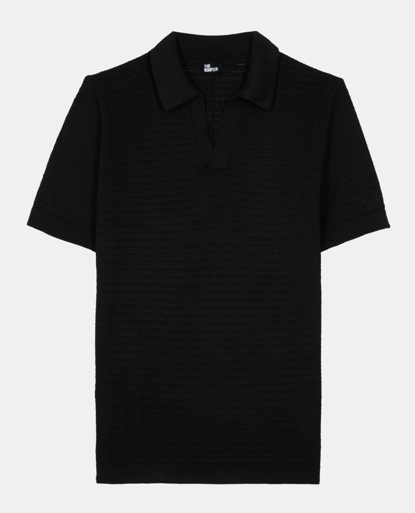 The Kooples HERREN BLACK schwarzes poloshirt aus strick mit ajour-details