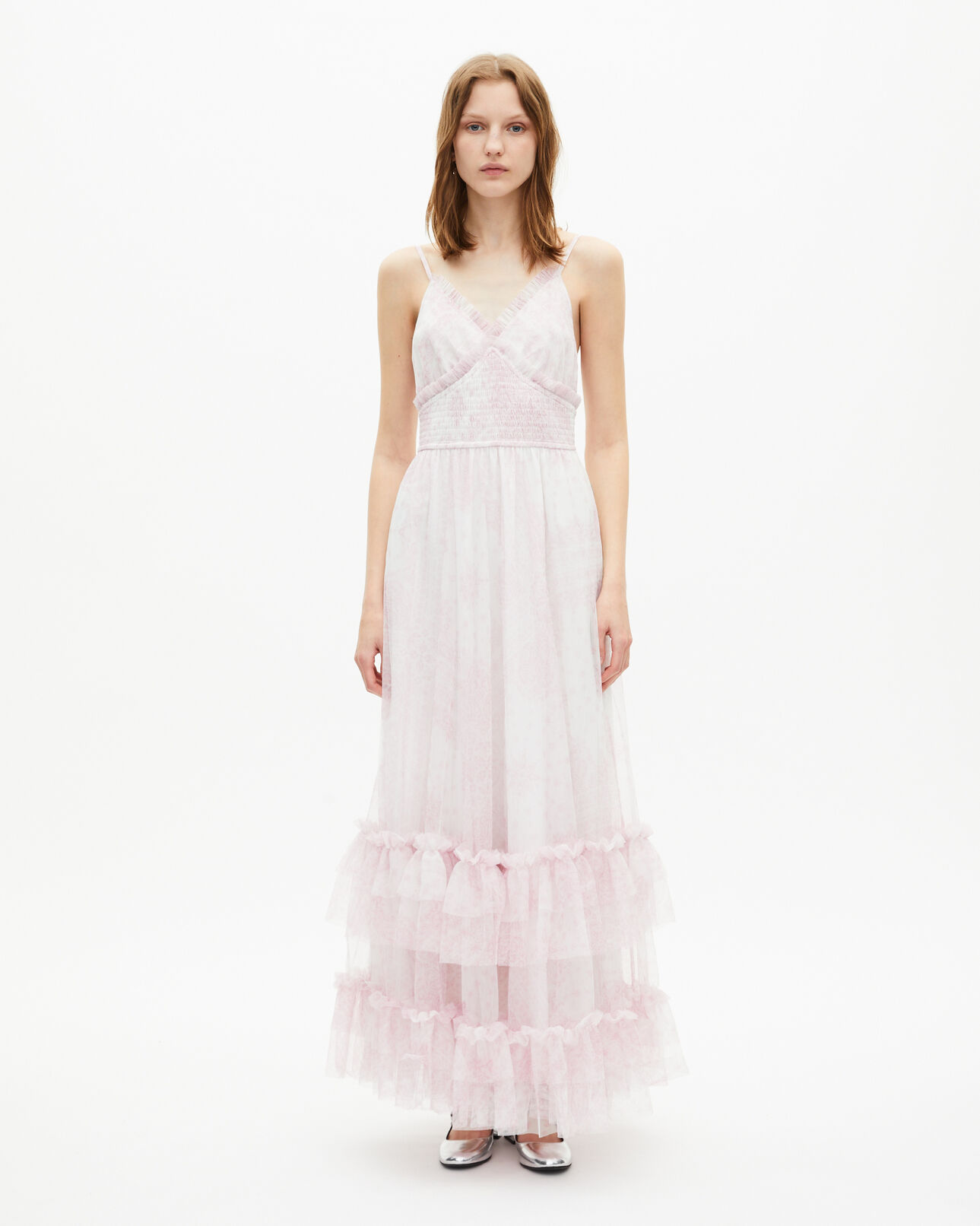 The Kooples WOMEN WHITE - PINK 'pale lilac' print long tulle dress
