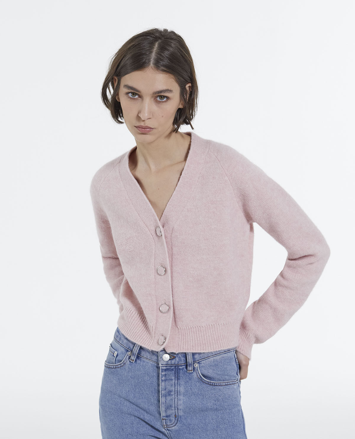 Cropped pink wool cardigan with pockets The Kooples UK