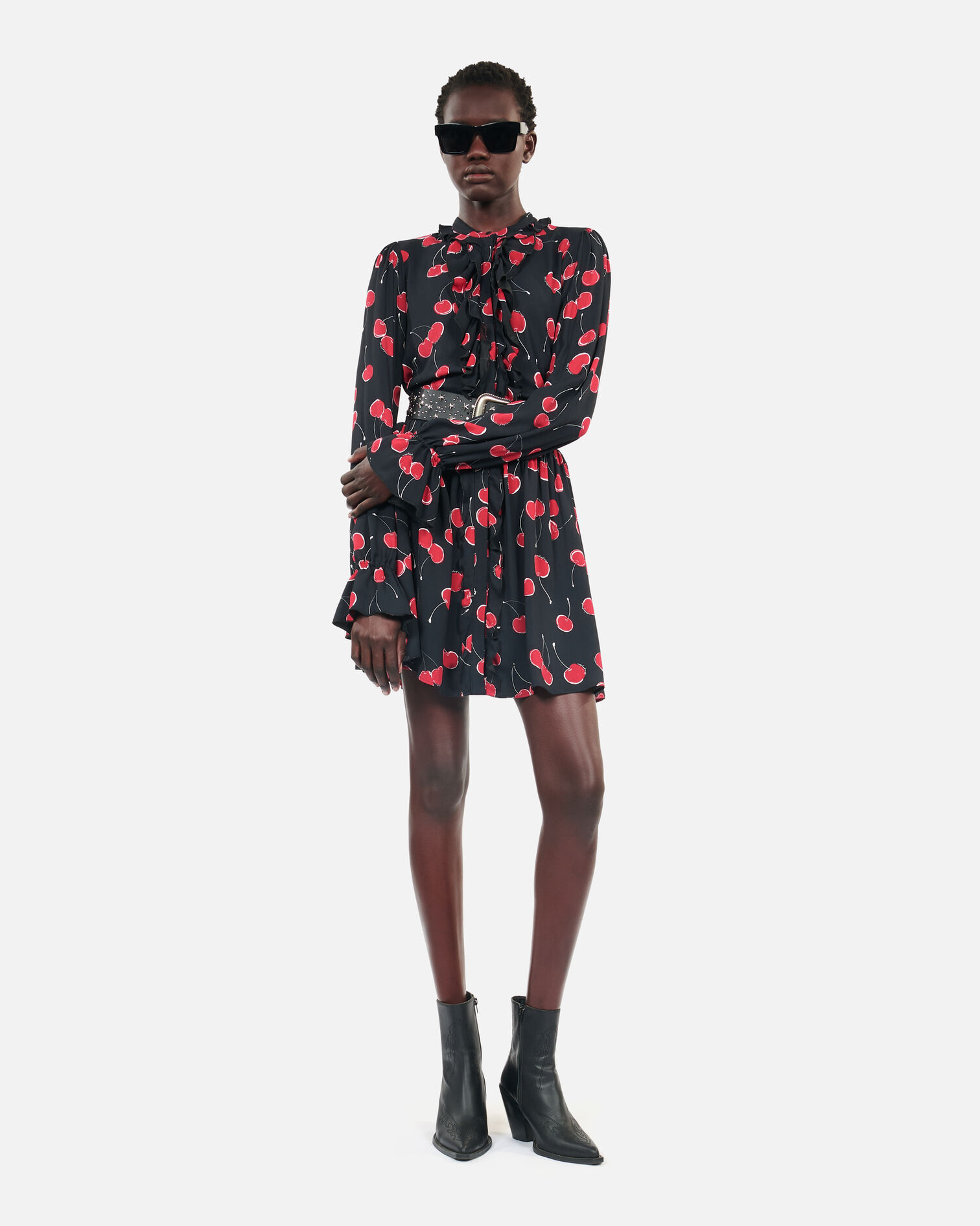 Short cherry printed dress, BLACK - RED, hi-res image number null