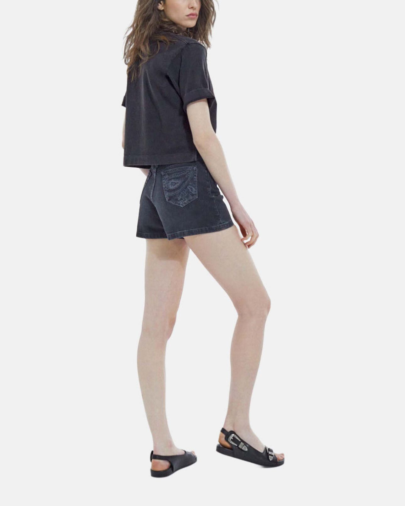 The Kooples WOMEN BLACK WASHED black short-sleeve cotton t-shirt with eagle print