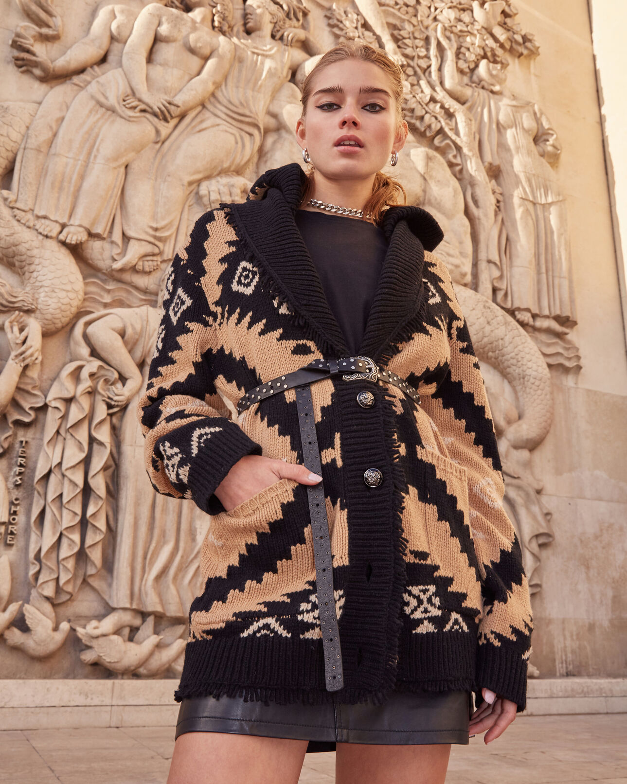 The Kooples FEMME CAMEL / ECRU cardigan camel mi-long à capuche