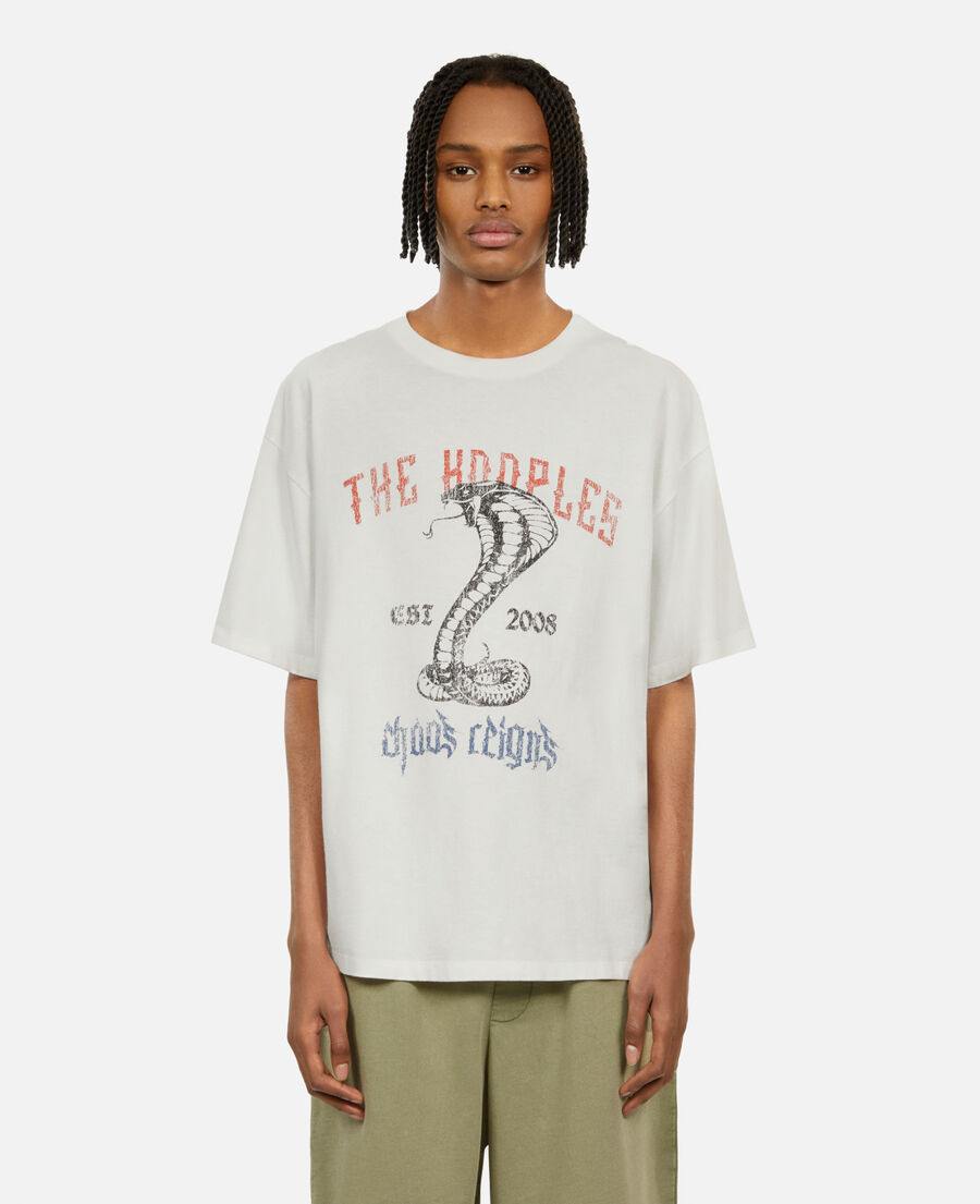 ecrufarbenes t-shirt mit chaos-schlangensiebdruck