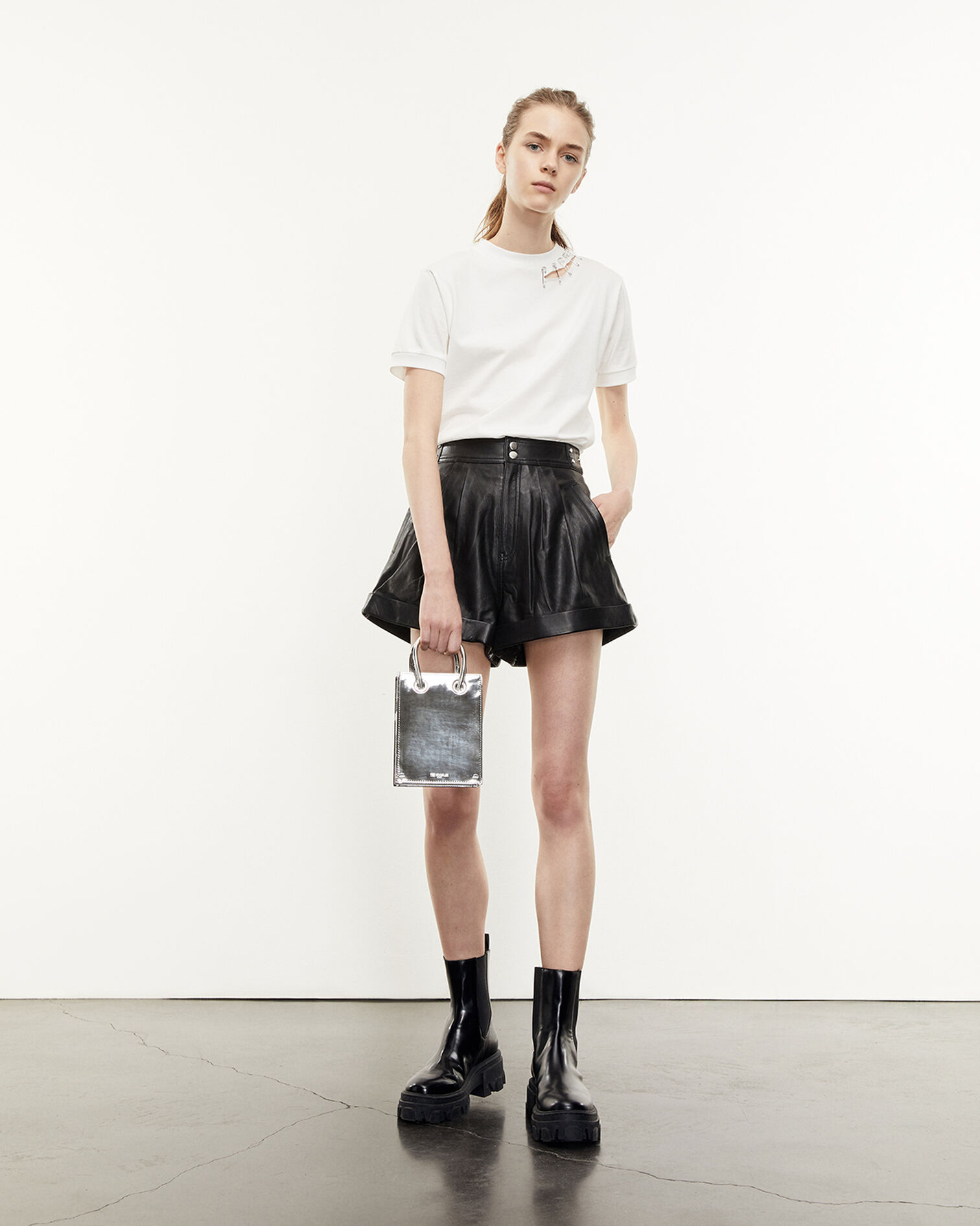 High-waisted black leather shorts with ties, BLACK, hi-res image number null