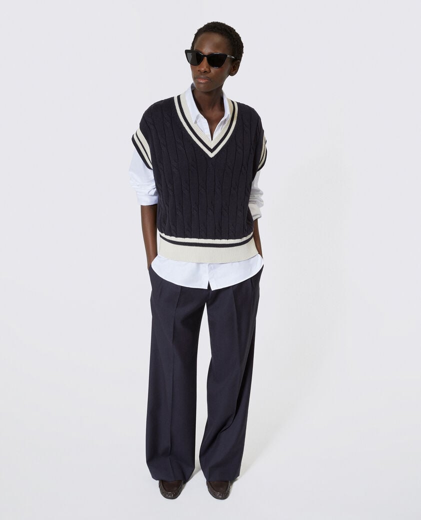 The Kooples FEMME NAVY ECRU pull sans manches en coton marine