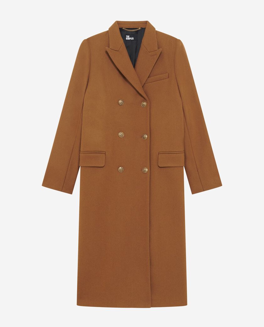 The Kooples FEMME CAMEL MELANGE / BURGUNDY manteau long crois&eacute; en laine camel
