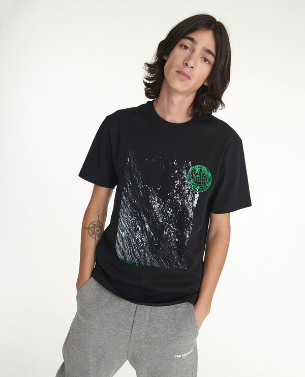 black cotton t-shirt with print - embroidery