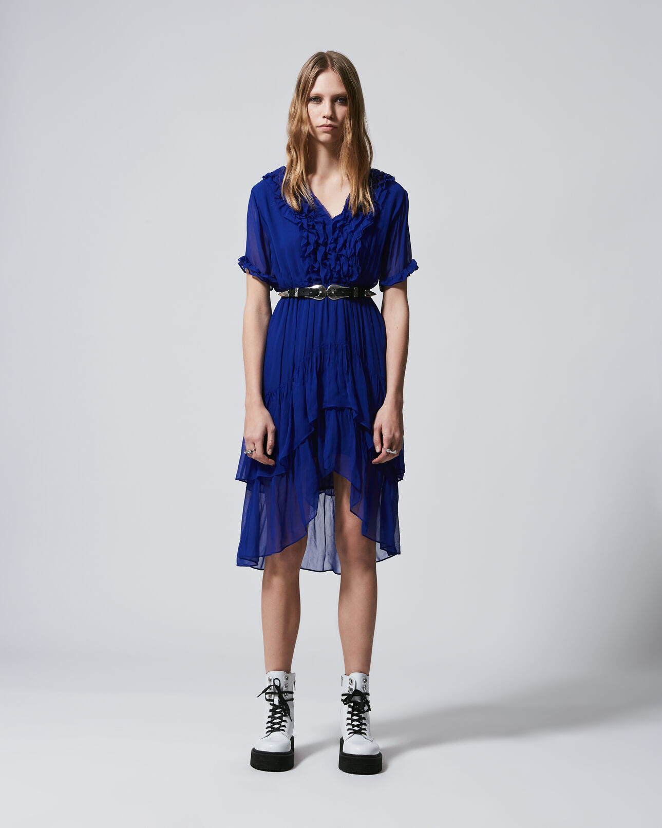 The Kooples FEMME BLUE robe longue fluide bleue col v à volants