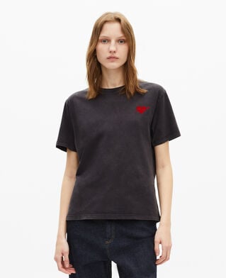 The Kooples WOMEN BLACK WASHED black t-shirt with heart flocking