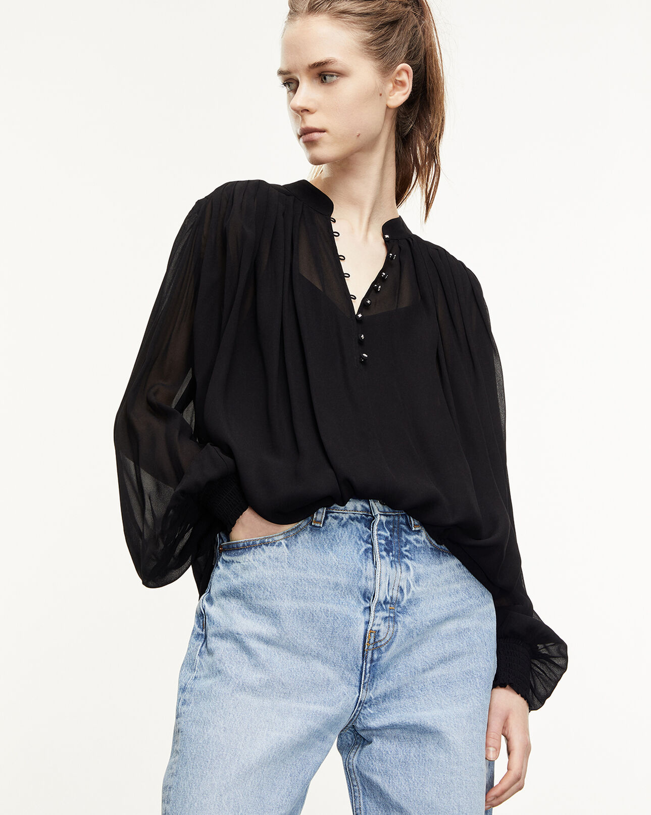 The Kooples FEMME BLACK top fluide noir semi-transparent