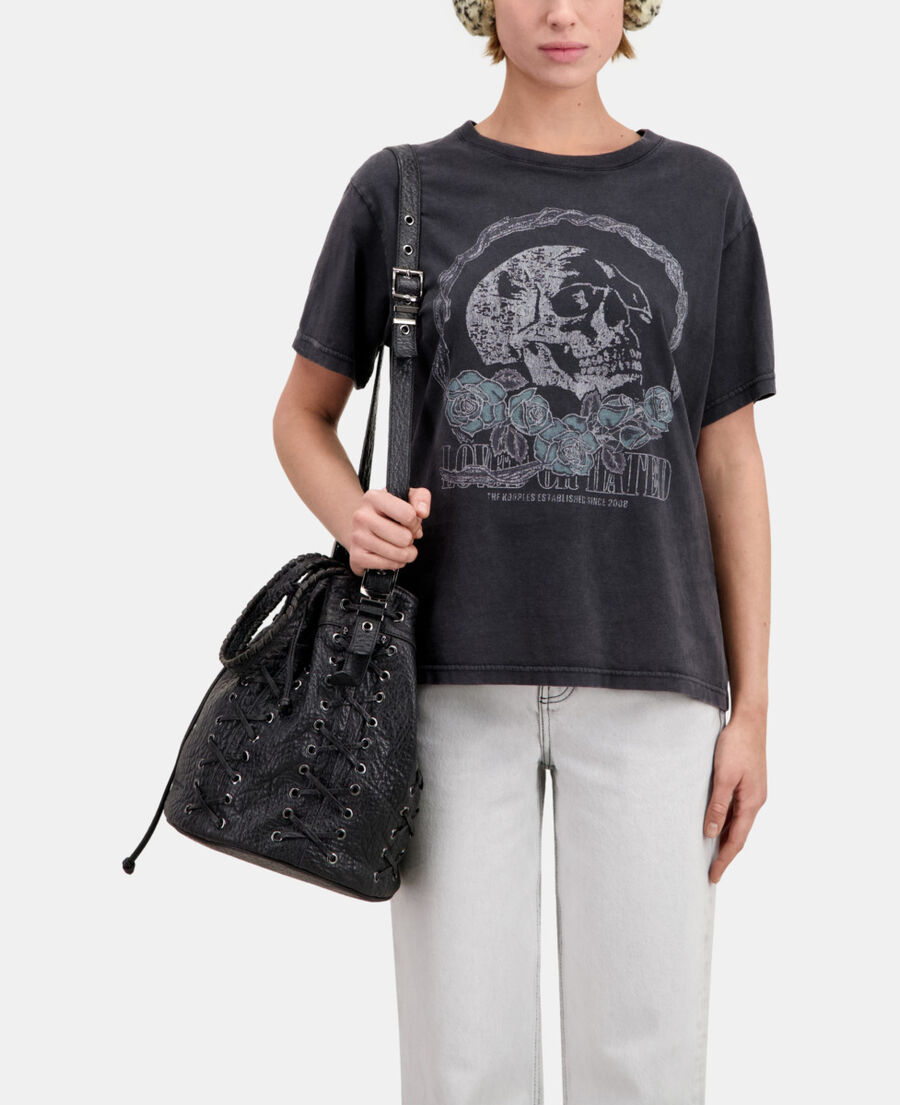women's black t-shirt with vintage skull serigraphy