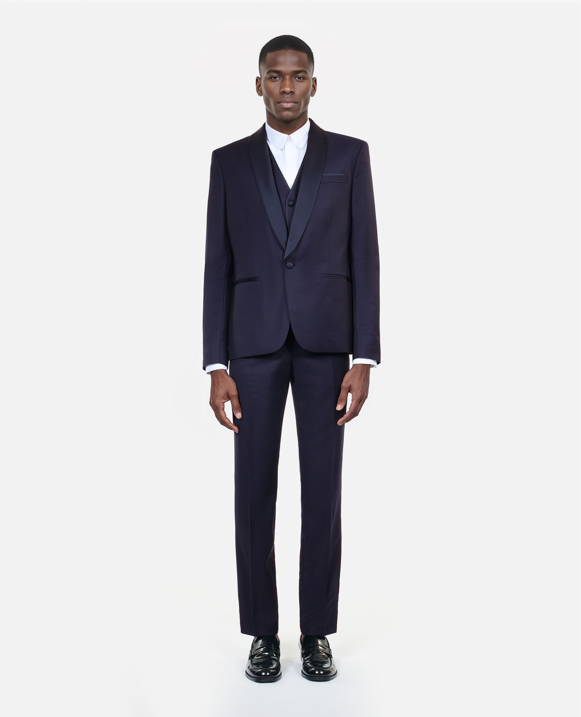 Navy blue wool tuxedo fitted jacket, NAVY, hi-res image number null