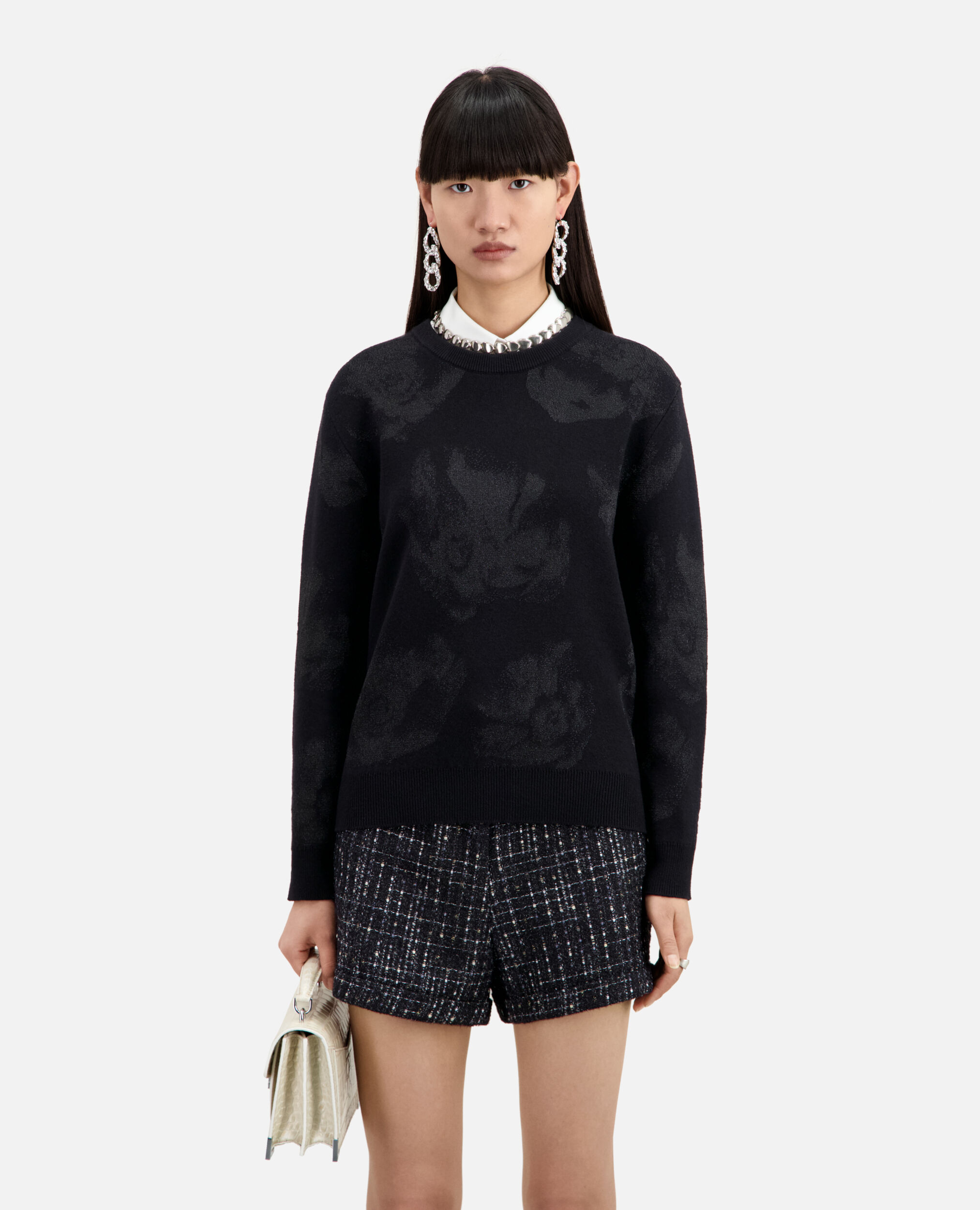 Black wool-blend jumper with silver patterns, BLACK/BLACK, hi-res image number null