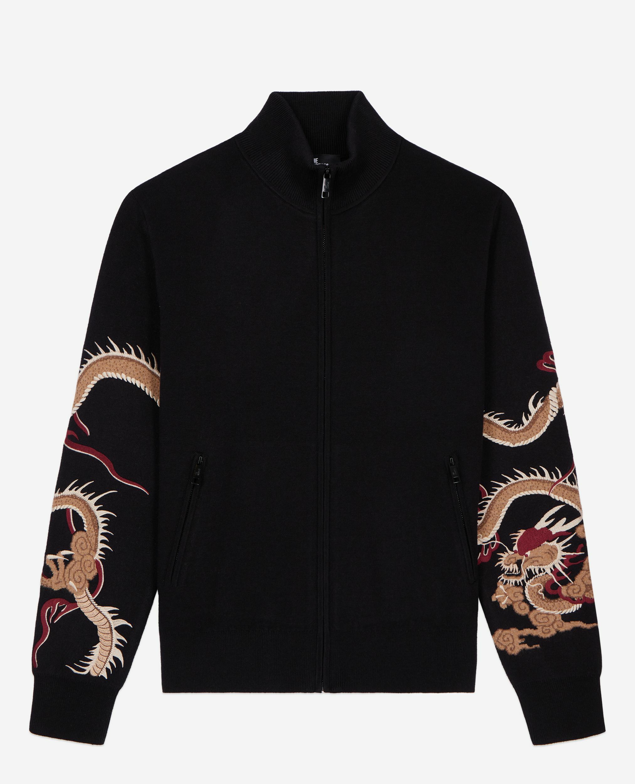 Black wool-blend cardigan with Dragon embroidery, BLACK, hi-res image number null