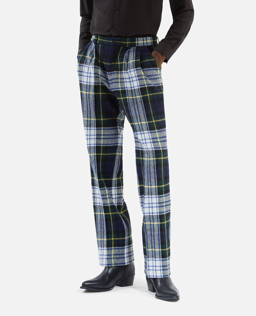 The Kooples MEN GREEN-WHITE green and navy blue check wide-leg wool pants the kooples x harris tweed