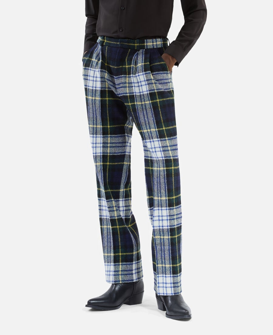 The Kooples MEN GREEN-WHITE green and navy blue check wide-leg wool pants the kooples x harris tweed