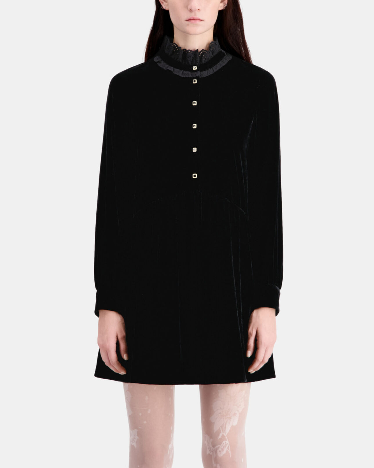 The Kooples WOMEN BLACK short black velvet dress with bijou buttons