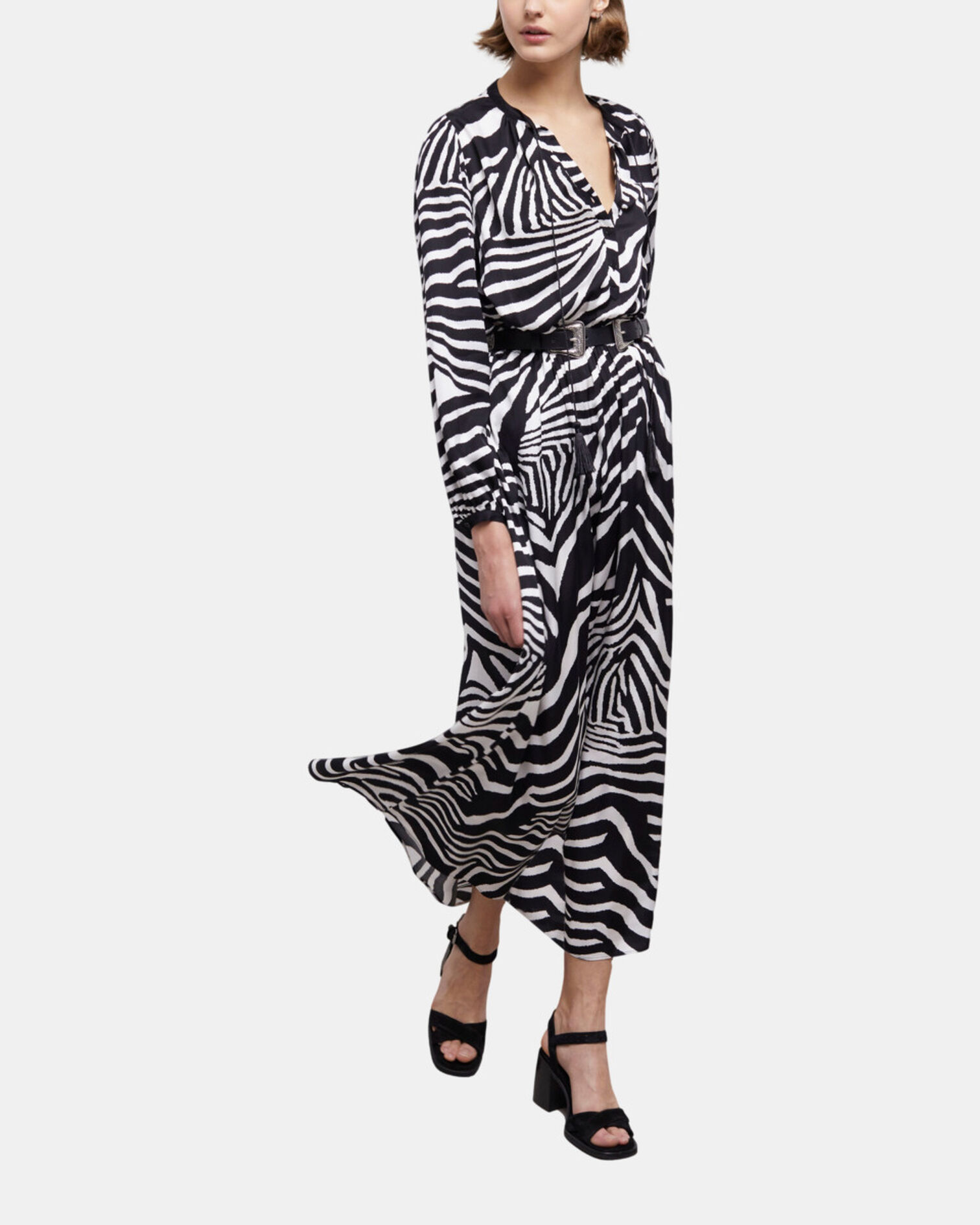 Langes schwarzes Kleid mit Print, BLACK WHITE, hi-res image number null