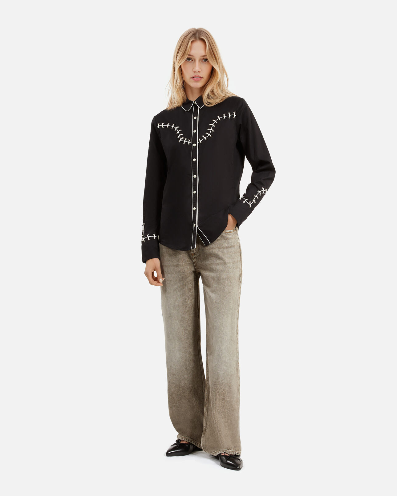 The Kooples WOMEN BLACK shirt with black embroidery