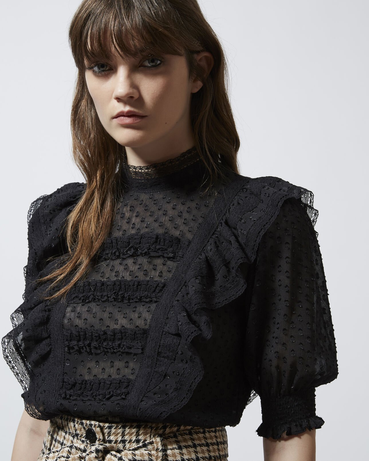 The Kooples WOMEN BLACK embroidered long-sleeve top with frills
