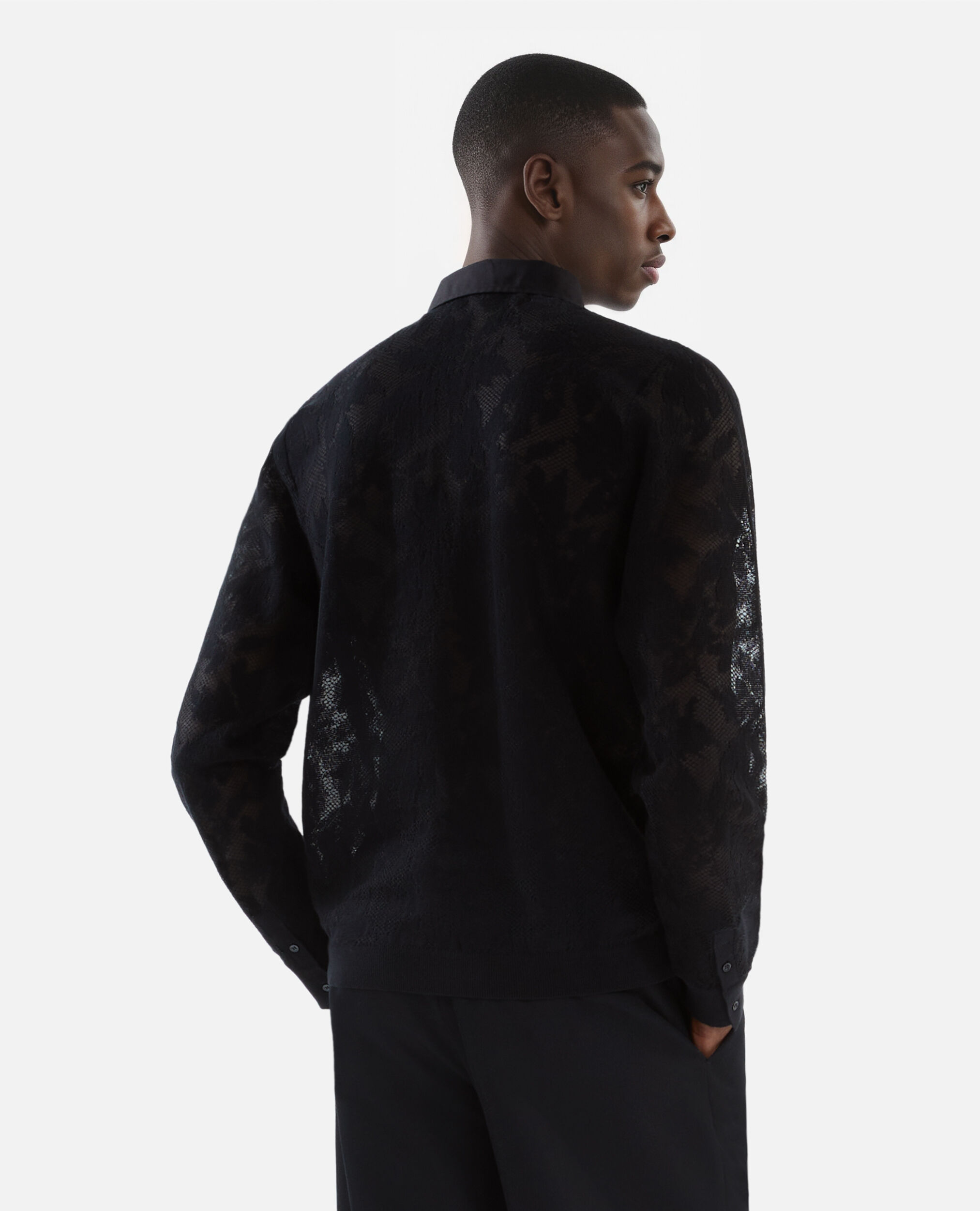 Black lace effect mesh shirt, BLACK, hi-res image number null