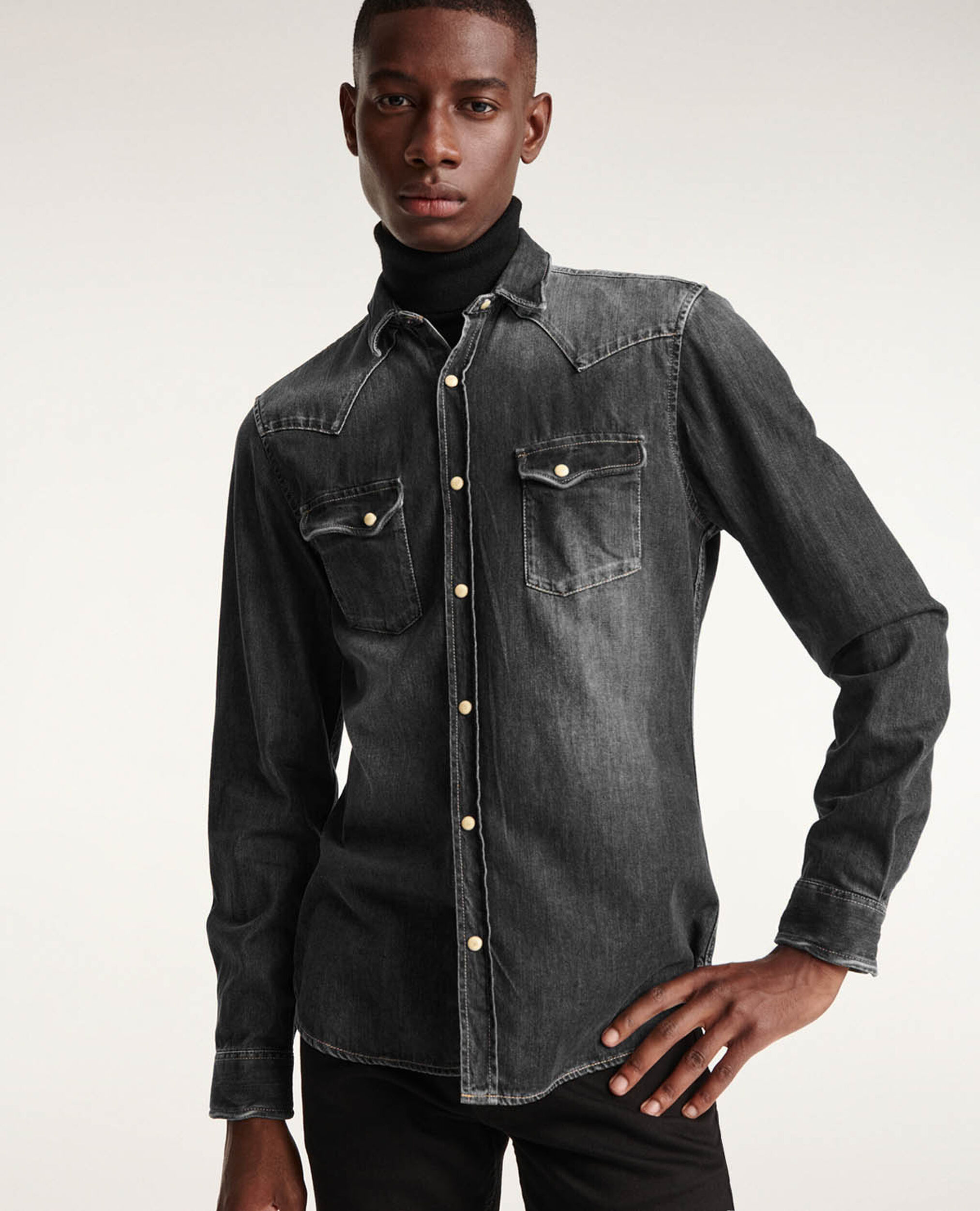 Faded grey denim shirt with western details, GREY, hi-res image number null