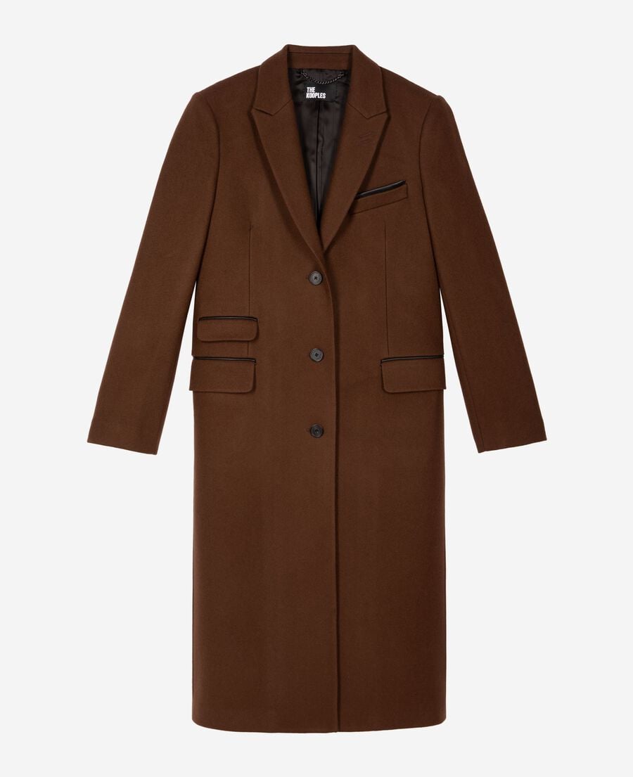 The Kooples WOMEN CHOCOLATE long coat with brown leather details