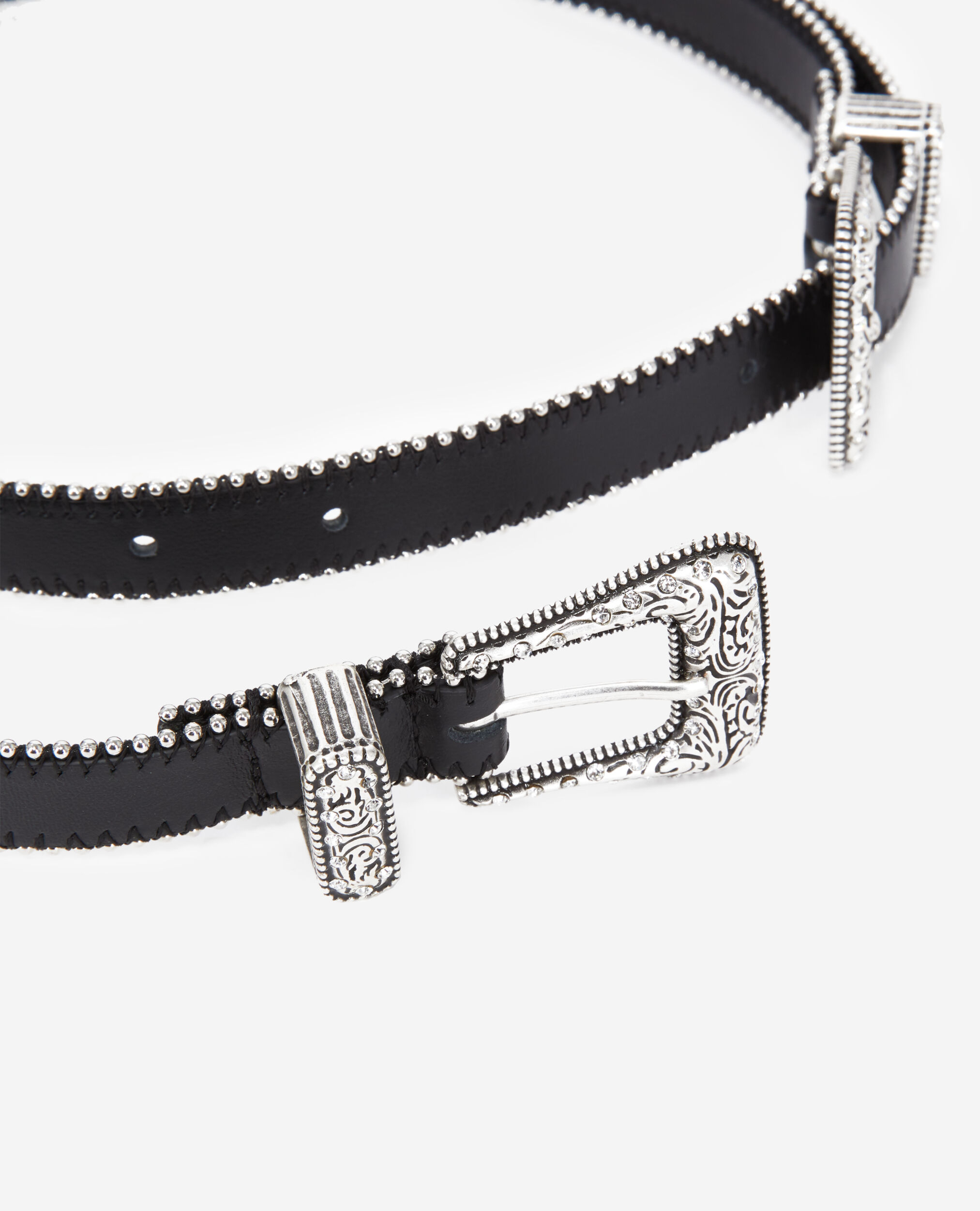 Black leather belt with double Western rhinestone buckle, BLACK, hi-res image number null