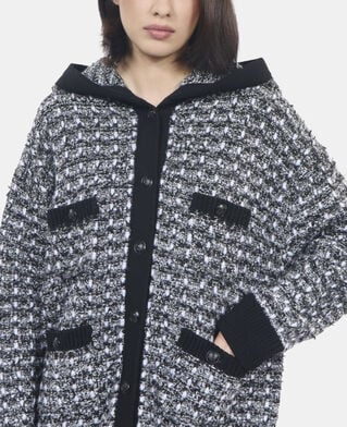 The Kooples FEMME BLACK / WHITE cardigan &agrave; capuche en tweed noir et blanc
