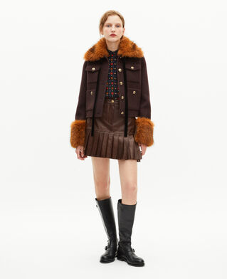 The Kooples F CHOCOLATE brown short wool jacket with sherpa collar